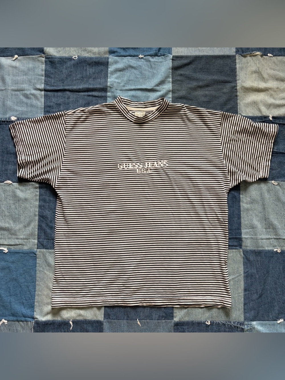 VTG Guess Jeans USA Striped Black & White T Shirt 100% Cotton USA made Size L
